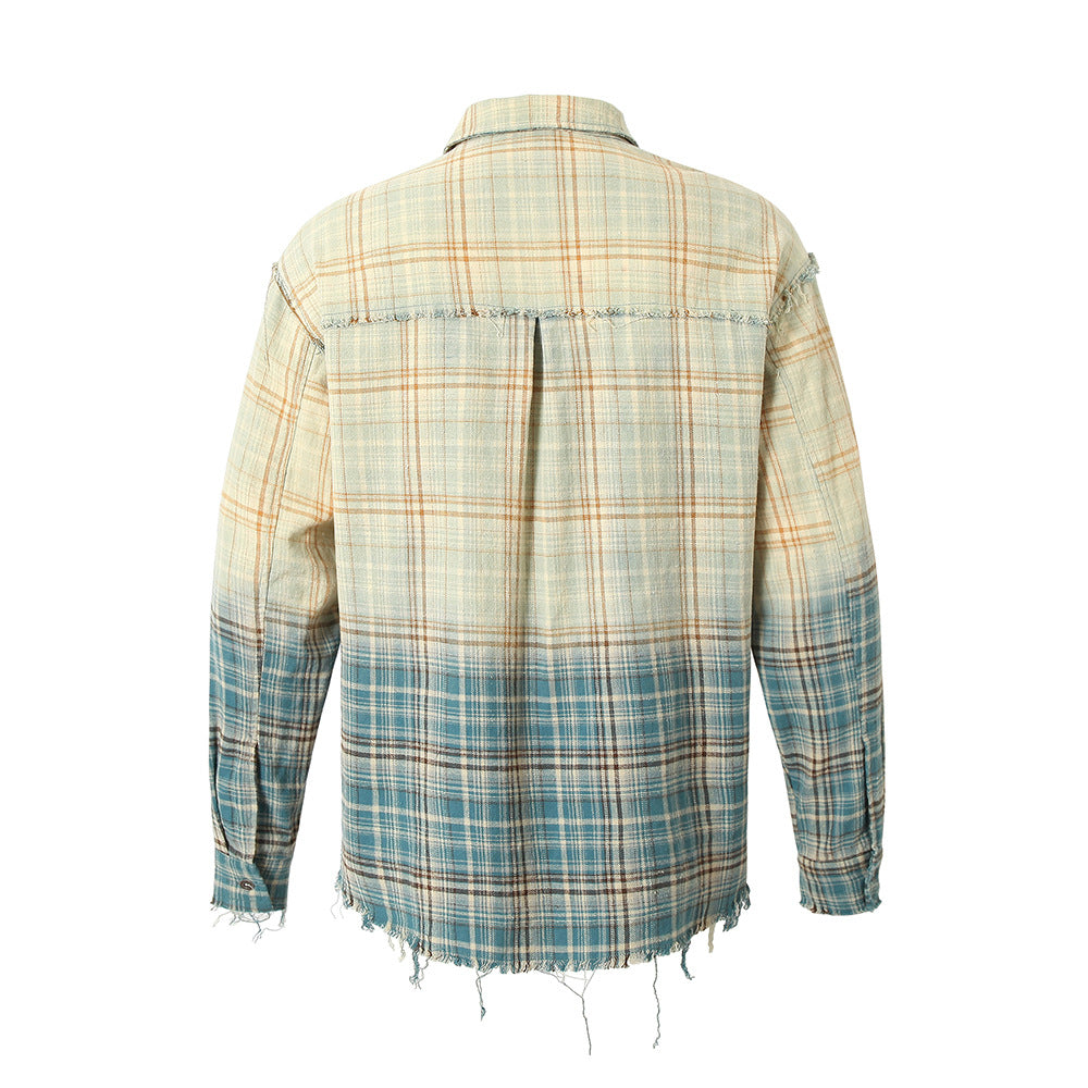 Gradient Dyed Plaid Long Sleeve Shirt Men's Spring Autumn Trendy Punk Heavy Work Old Frayed Multi-Pocket Shirt