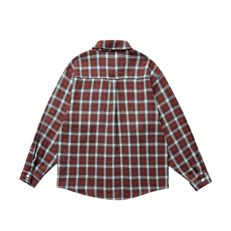 Collar contrasting plaid long sleeved loose shirt