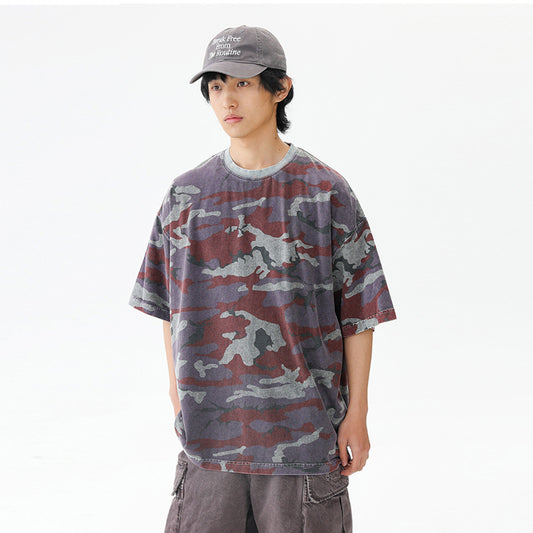 Color Block Camouflage Short Sleeve T-Shirt Men's Summer Versatile Functional Style Loose Streetwear Striped Round Neck Half Sleeve Top
