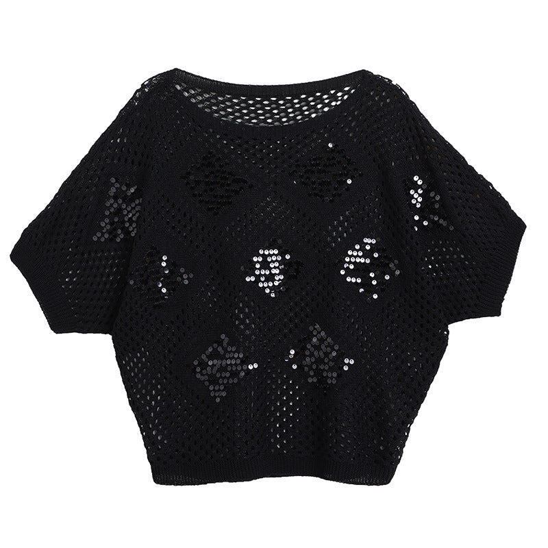 Bat sleeve T-shirt with hollowed out sequin top