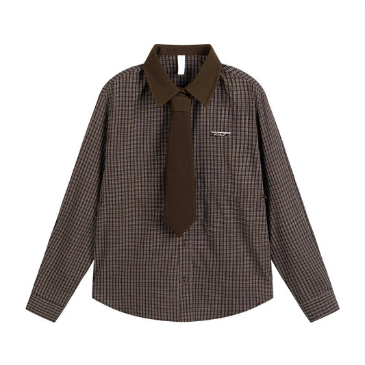 Cardigan with tie plaid men's and women's shirt