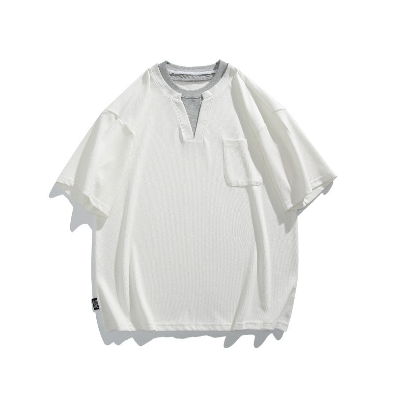Double collar contrasting fake two piece short sleeved T-shirt