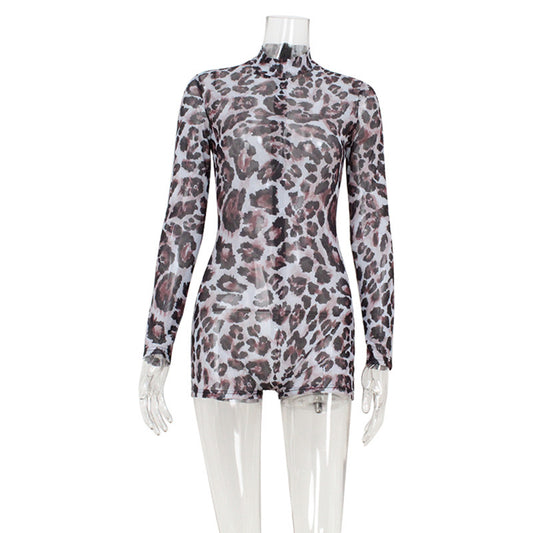 Classic leopard print slim fit spicy girl jumpsuit shorts