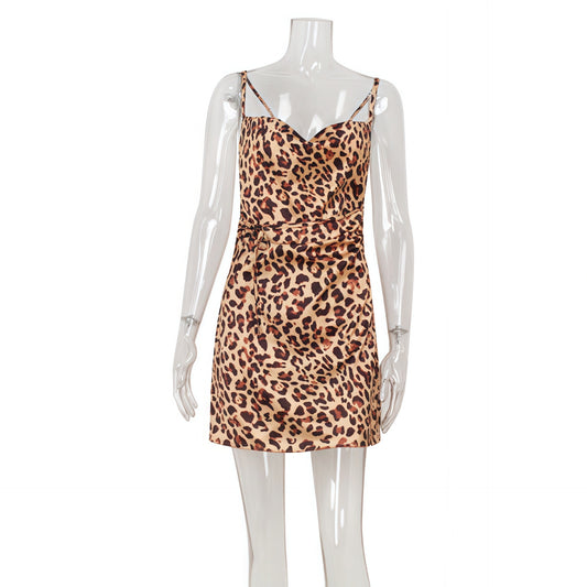 Classic leopard print backless waist strap dress