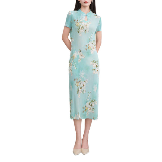 Cheongsam dress with folded waist and long skirt
